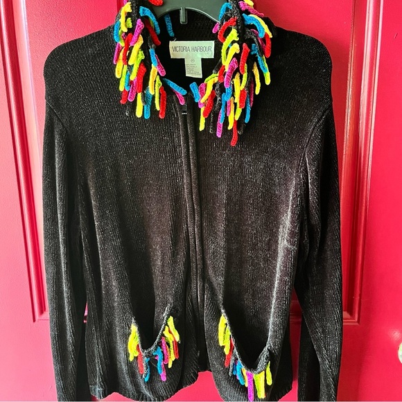 Victoria Harbour Sweater Jacket Full Zip Up Black with Colorful Fringe - Picture 4 of 9